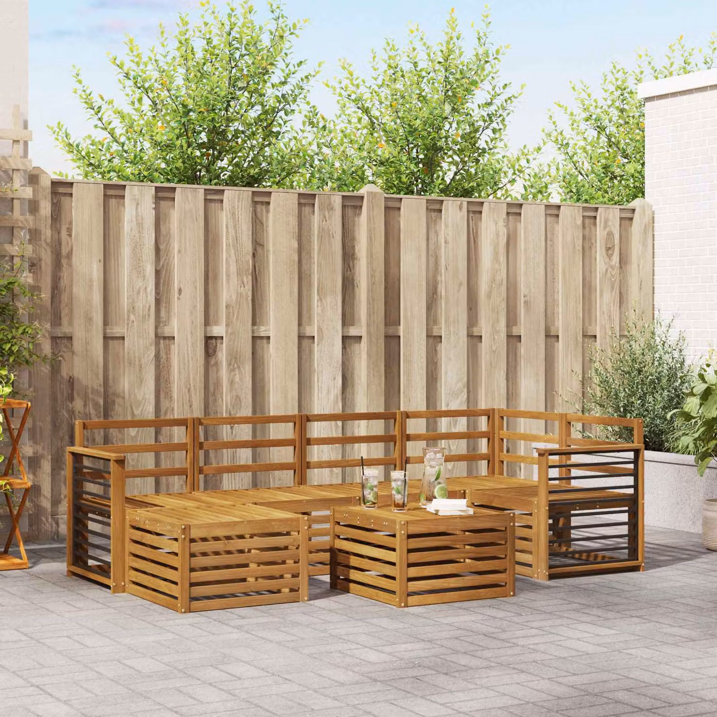Set di divani da giardino a L con tavolino vidaXL in legno di acacia massello marrone con cuscini inclusi
