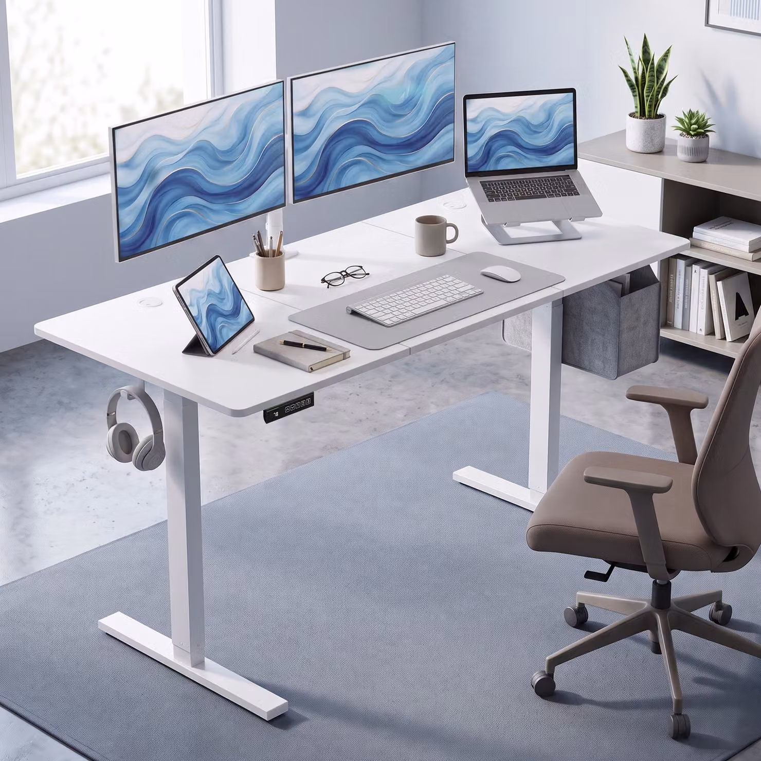 Scrivania regolabile in altezza HOMCOM con memoria, bianca, design moderno per home office – 2