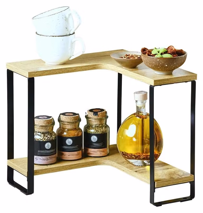 Scaffale angolare per la cucina, con 2 ripiani, ideale per soluzioni di stoccaggio creative
