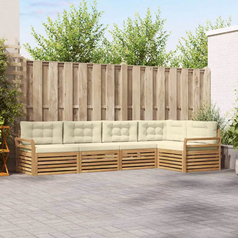 Set di divani da esterno vidaXL a forma di L composto da 5 pezzi in legno di acacia con cuscini in tessuto bianco, beige e marrone