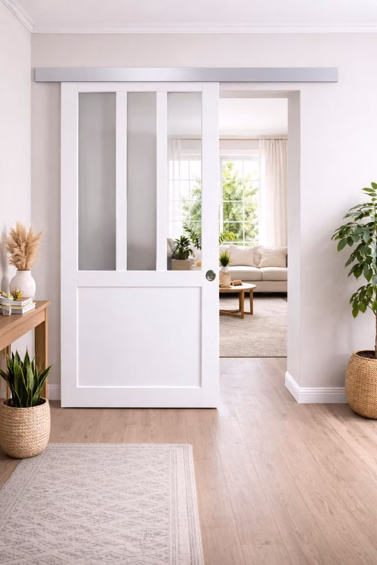 Porta scorrevole da officina bianca H204 x L93 cm, binario in alluminio, conchiglie Gd Menuserie