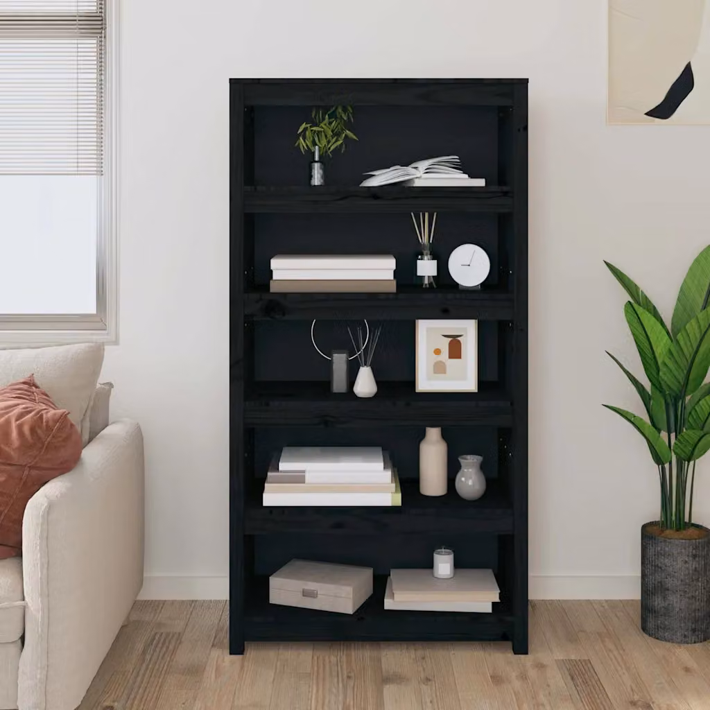 Libreria moderna vidaXL in legno massello di pino nera con pannello posteriore L 80 cm, P 35 cm, H 154 cm – 1