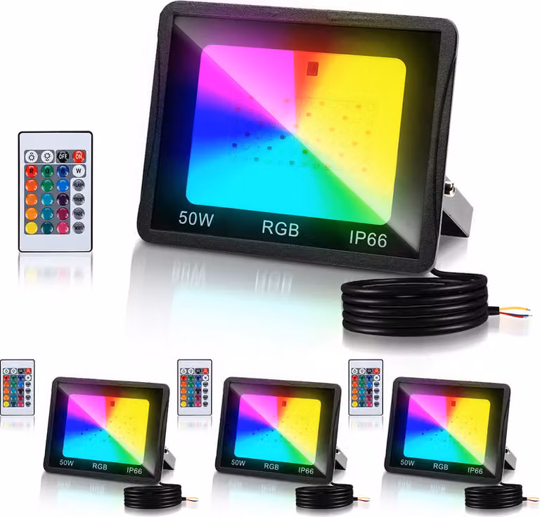 Clanmacy 50W proiettore RGB con telecomando Faretto LED RGB Faretto LED RGB per esterni IP66 Impermeabile 4 pezzi
