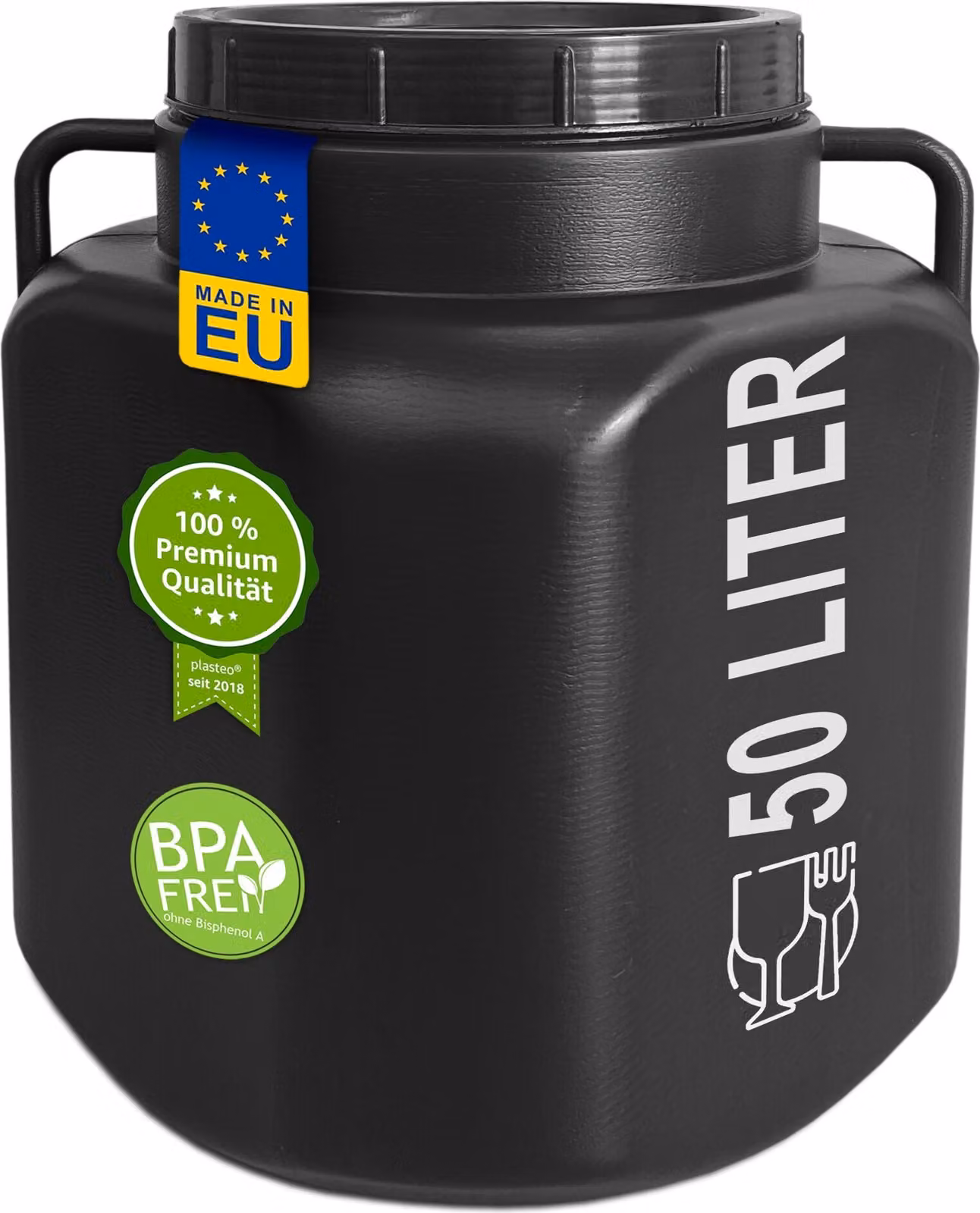 plasteo® Fusto a collo largo da 50 litri con coperchio e maniglie Cestino quadrato nero, per alimenti, senza BPA Fusto in plastica Fusto universale Fusto con coperchio