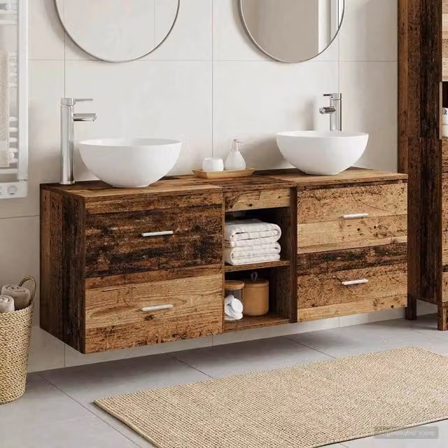 Set di mobili da bagno vidaXL in legno e metallo marrone con cassetti e ripiani, L 129 x P 35 x H 80 cm – 1