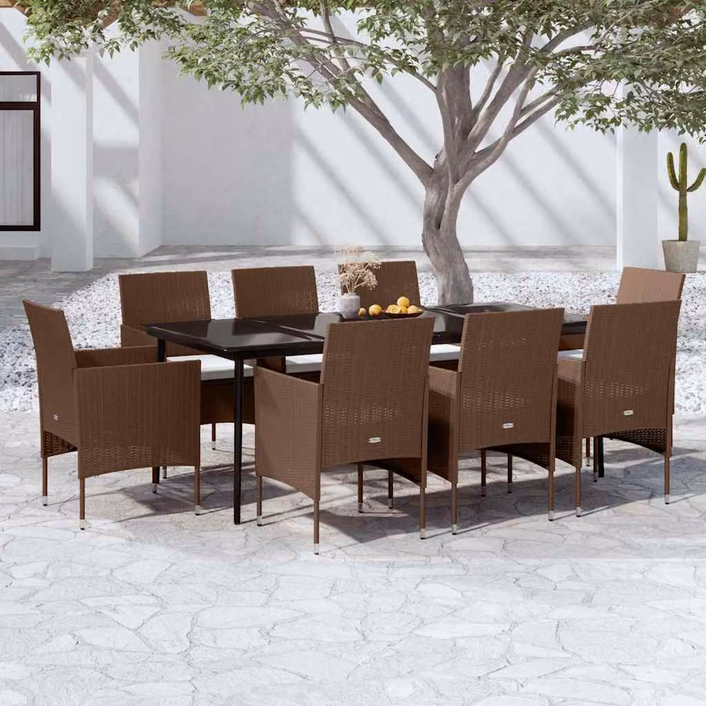 Set da pranzo da giardino vidaXL in rattan con tavolo in vetro e 9 pezzi, Marrone e Nero