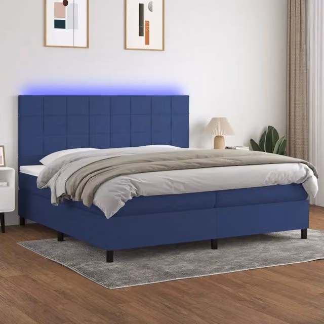 Letto moderno vidaXL con materasso a molle pocket e illuminazione LED blu, tessuto bianco e blu, L/P/H: 200 x 200 x 203 cm