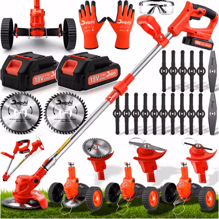 Delphi Tools - Decespugliatore a batteria - Decespugliatore a motore - Decespugliatore elettrico - Decespugliatore da 18 V - Larghezza di taglio 15 cm - 1,95 kg