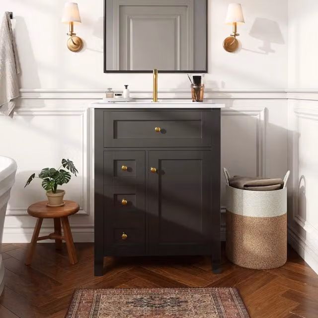 Mobile sottolavabo con lavabo in ceramica 3 cassetti anta ammortizzata in MDF nero lucido per bagno 61 × 47 × 86 cm