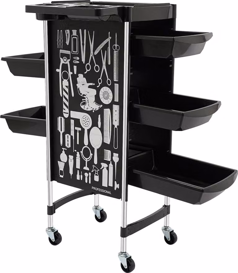 Carrello per parrucchieri, 5 cassetti, design resistente, nero