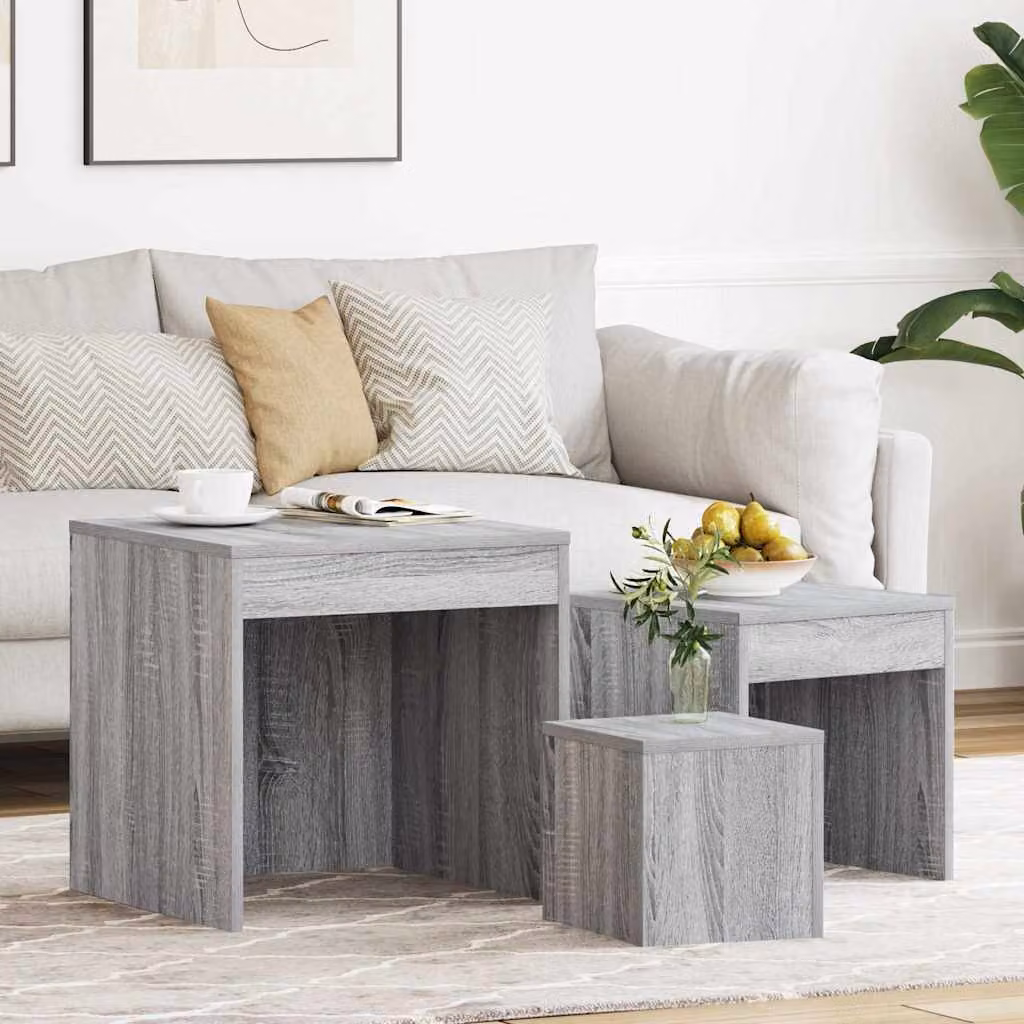 Set di 3 tavolini impilabili vidaXL in legno multistrato, colore grigio sonoma, design moderno e forma quadrata