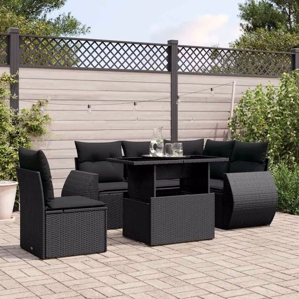 vidaXL Set Divano da Giardino a L 6 pz con Cuscini Nero in Polyrattan e Acciaio – 1