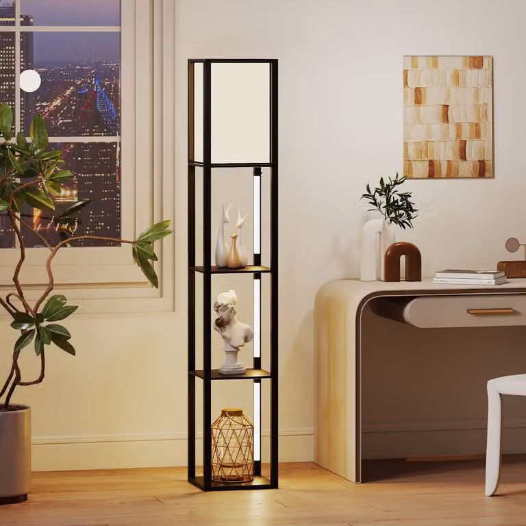 Costway Lampada da terra moderna con scaffali in legno e metallo, 3 strisce LED e interruttore a pedale, Nero