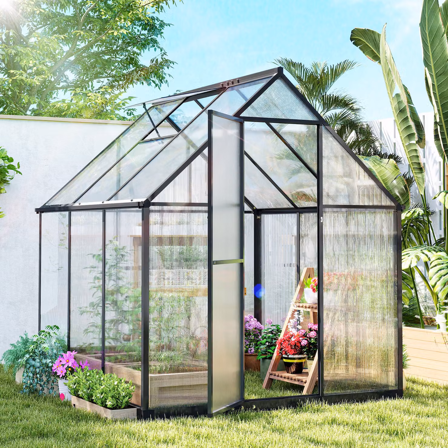 Serra da giardino Outsunny in alluminio e policarbonato trasparente con finestra regolabile e porta a battente – 2