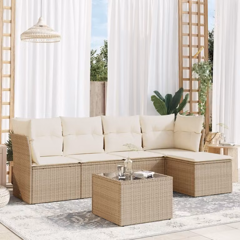 Set Divano da Giardino vidaXL 6 pz in Polyrattan Beige con Cuscini e Tavolino da Esterno