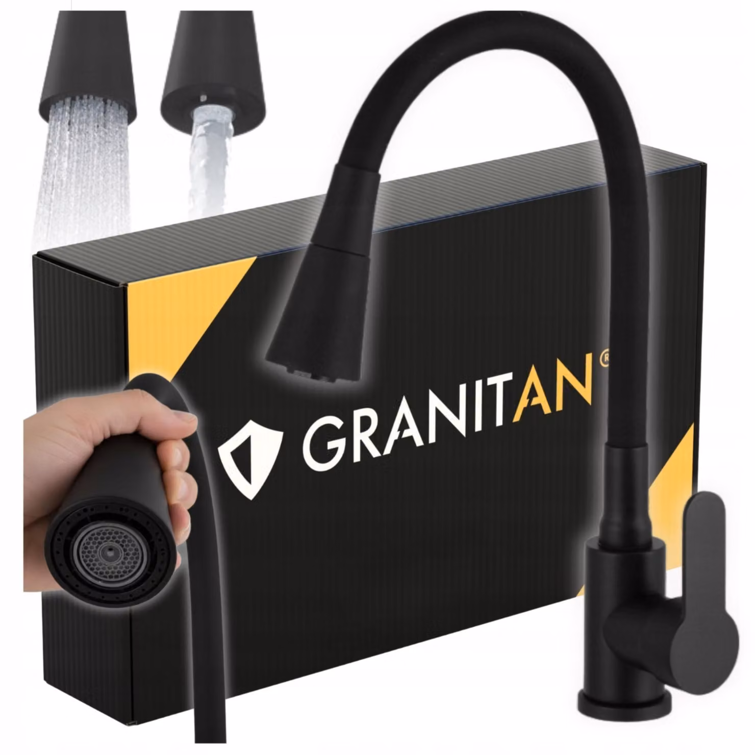Granitan - Rubinetto da cucina - Rubinetto per lavello - 2 tipi di getto - Cartuccia in Vetroceramica - Nero - Ottone - FLEXO