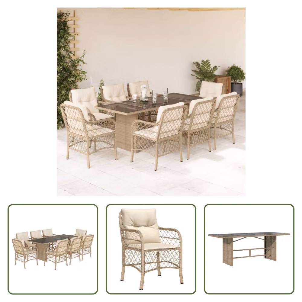 The Living Store Set da pranzo da giardino 9 pezzi con cuscini Beige poly rattan