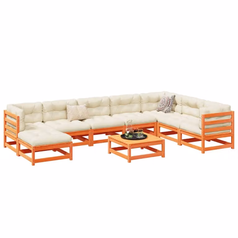 vidaXL Set Divani da Giardino 9 Pezzi in Legno di Pino Massello Trattato con Cuscini Marrone e Beige