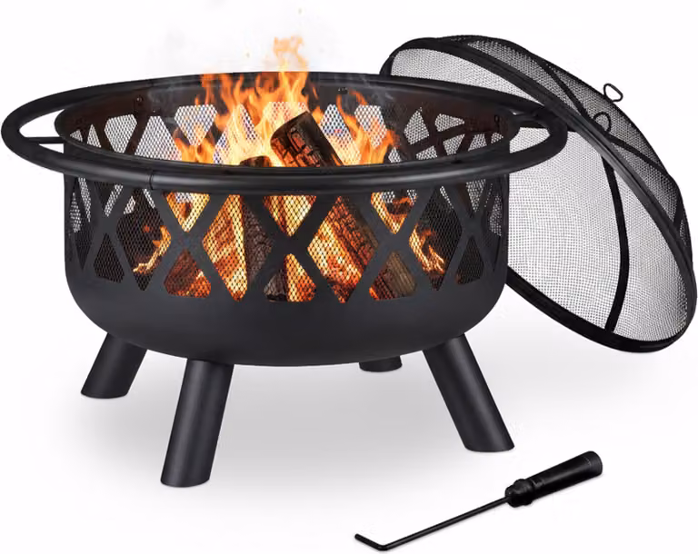 Braciere Relaxdays con parascintille, per giardino e terrazza, con attizzatoio, focolare da esterno, acciaio, Ø 75 cm, nero