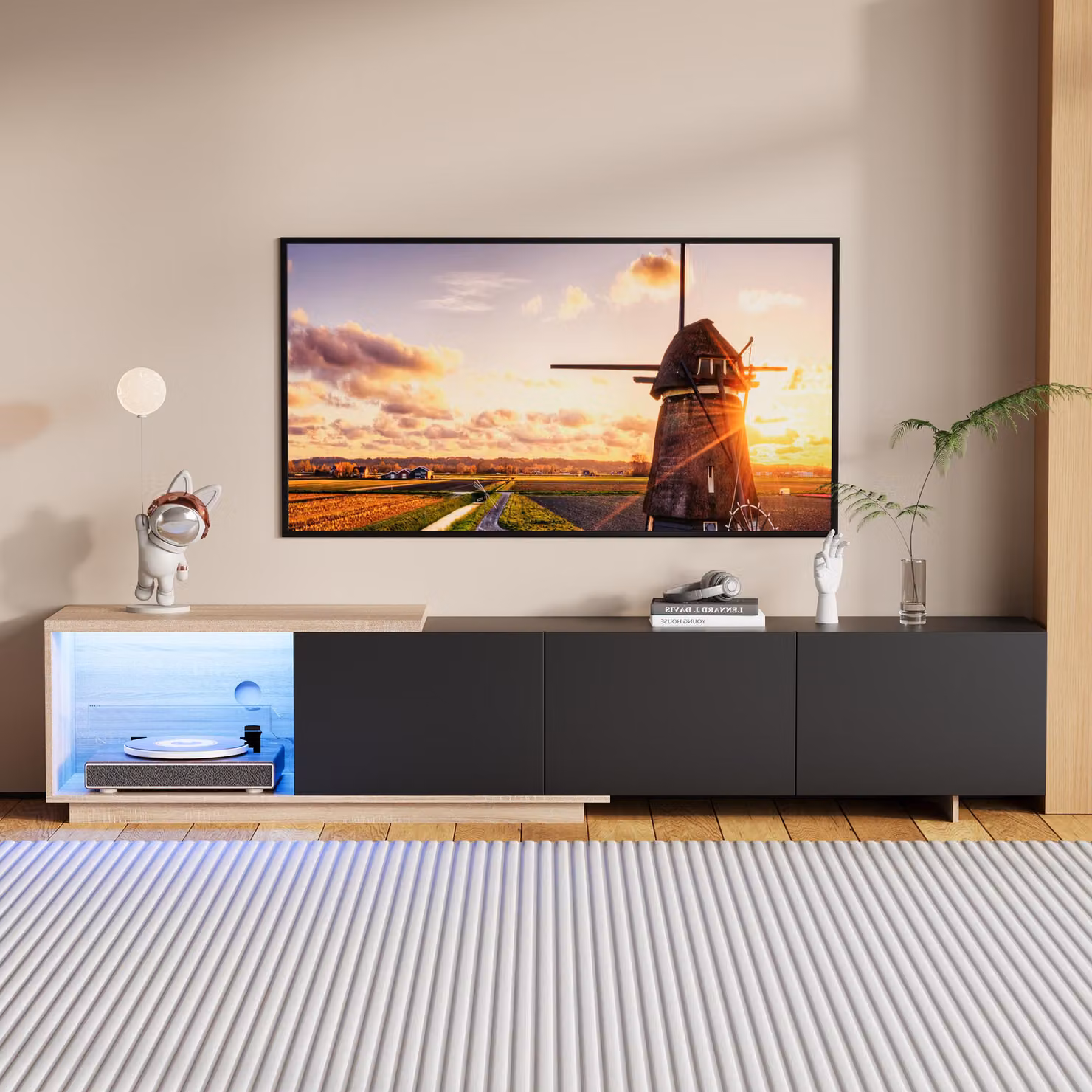 Mobile TV Moonbite estensibile, da 163 a 240 cm, con illuminazione LED in 3 colori, 3 cassetti rivestiti in tessuto e vani per cavi, realizzato in legno composito, colore nero
