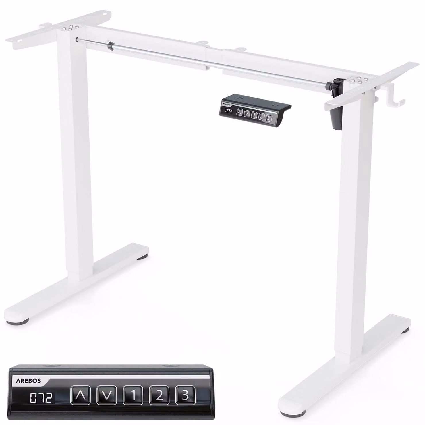 Struttura per scrivania AREBOS, regolabile elettricamente in altezza, con singolo motore, capacità di carico 70 kg, altezza regolabile da 70,5 a 116,5 cm, display LCD, memoria preimpostazioni, protezione anticollisione, colore bianco, ideale per l'ufficio