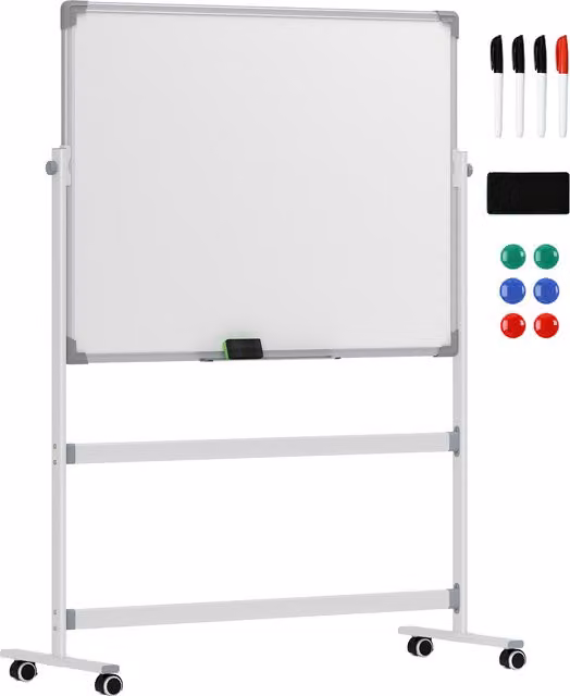 Lavagna Magnetica Bianca a 2 Facce HOMCOM con Accessori e 4 Ruote in Alluminio e Acciaio, H 165 x L 127 x P 50 cm