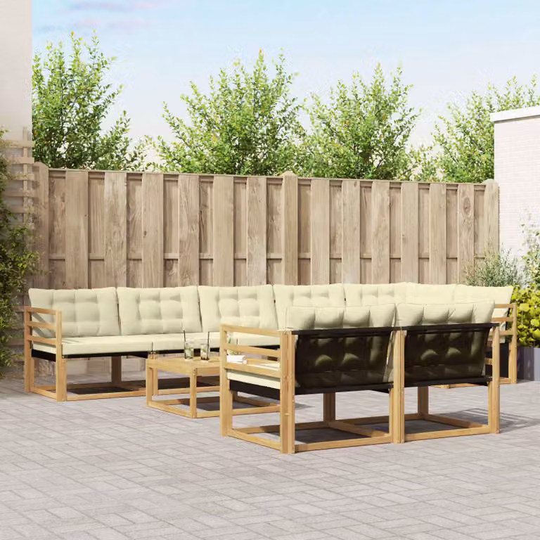 vidaXL Set di divani da esterno a forma di U composto da 9 pezzi in legno di acacia con cuscini, colori bianco, beige e marrone