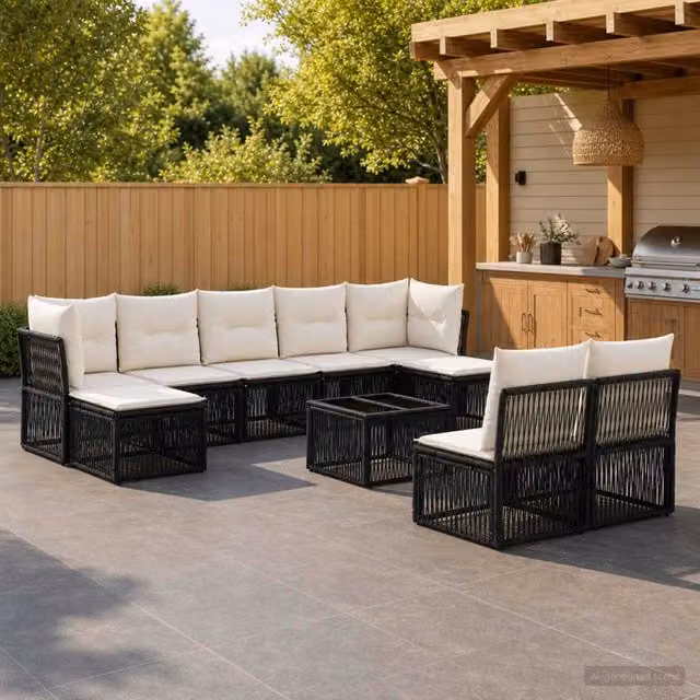 Set Divano da Giardino vidaXL 10 Pezzi in Polyrattan Nero con Cuscini e Tavolino – 1
