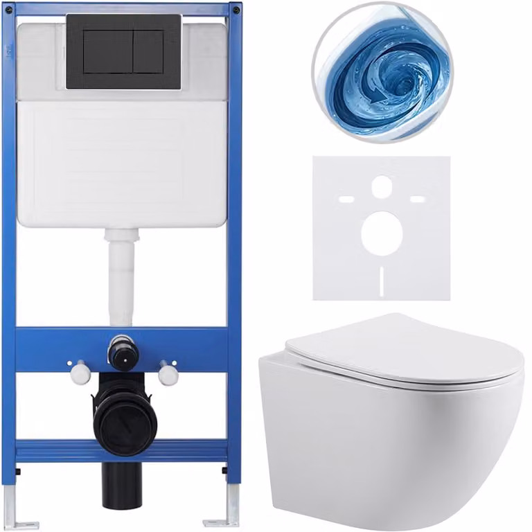 CERANO - Kit completo per WC sospeso modello Lite/Cesso - bianco lucido - Pulsante per WC Classic, nero opaco - Installazione a parete/con pannello in cartongesso - 49x36 cm