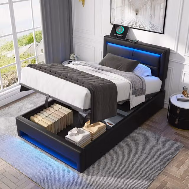 Letto Imbottito REDOM in Finta Pelle Nero con Vano Contenitore, LED e Porte USB, L/P: 90 x 200 cm