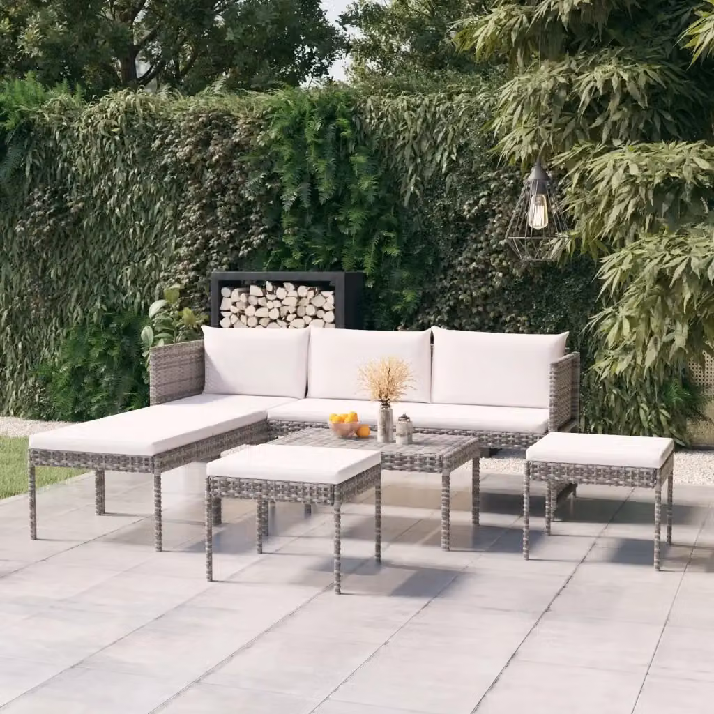 Set Salotto da Giardino a L con Polyrattan e Metallo Grigio, 6 Pezzi con Divano a 3 Posti, Tavolino e Pouf e Cuscini Inclusi – 2