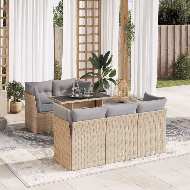 Set Divano da Giardino vidaXL 6 pz a Forma a L con Tavolino in Vetro e Cuscini Beige