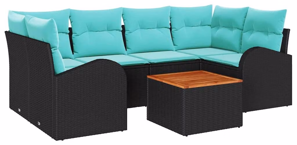 Set da giardino composto da 7 pezzi, in rattan sintetico nero e turchese