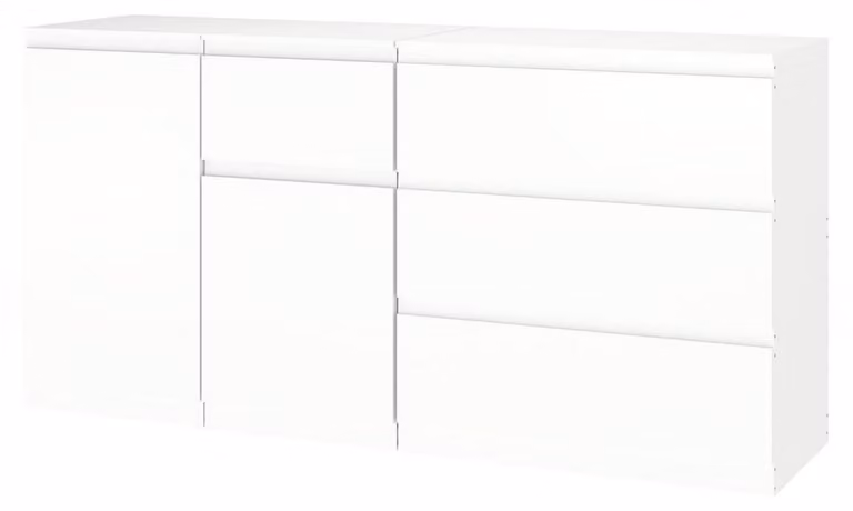 Set di 3 comodini bianchi con 0, 1 e 3 cassetti | Materiali: MDF e metallo | Dimensioni: 40x40x75 cm e 70x40x75 cm