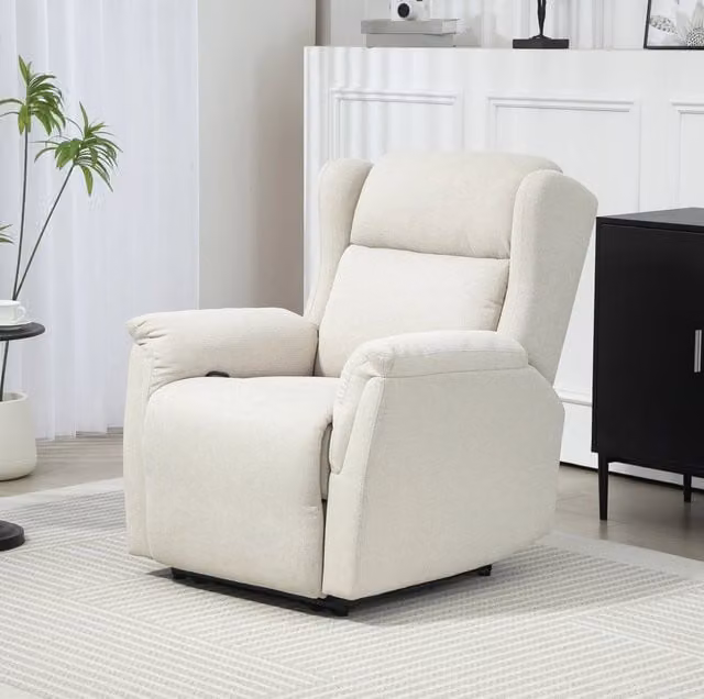 Poltrona reclinabile beige in lino, schienale 160°, portata 150 kg