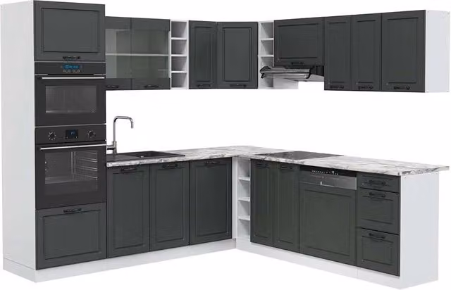 Cucina angolare completa R-Line Vicco in stile rustico, colore Antracite e Bianco, con piano in marmo, L/P/H: 247 x 237 x 60 cm