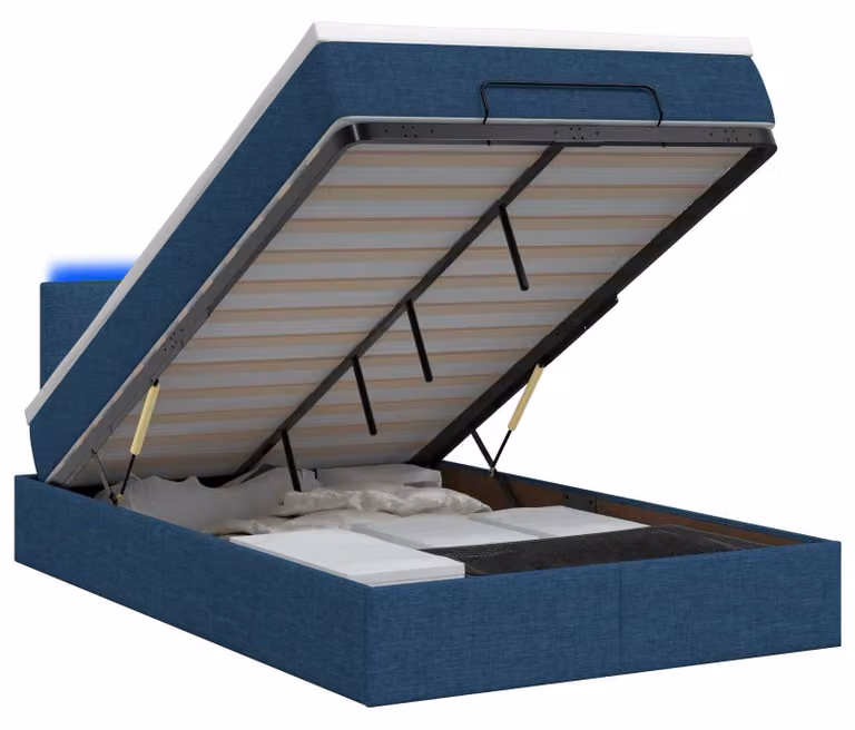Panca contenitore con materasso e illuminazione LED blu, dimensioni 120 x 190 cm, rivestita in tessuto