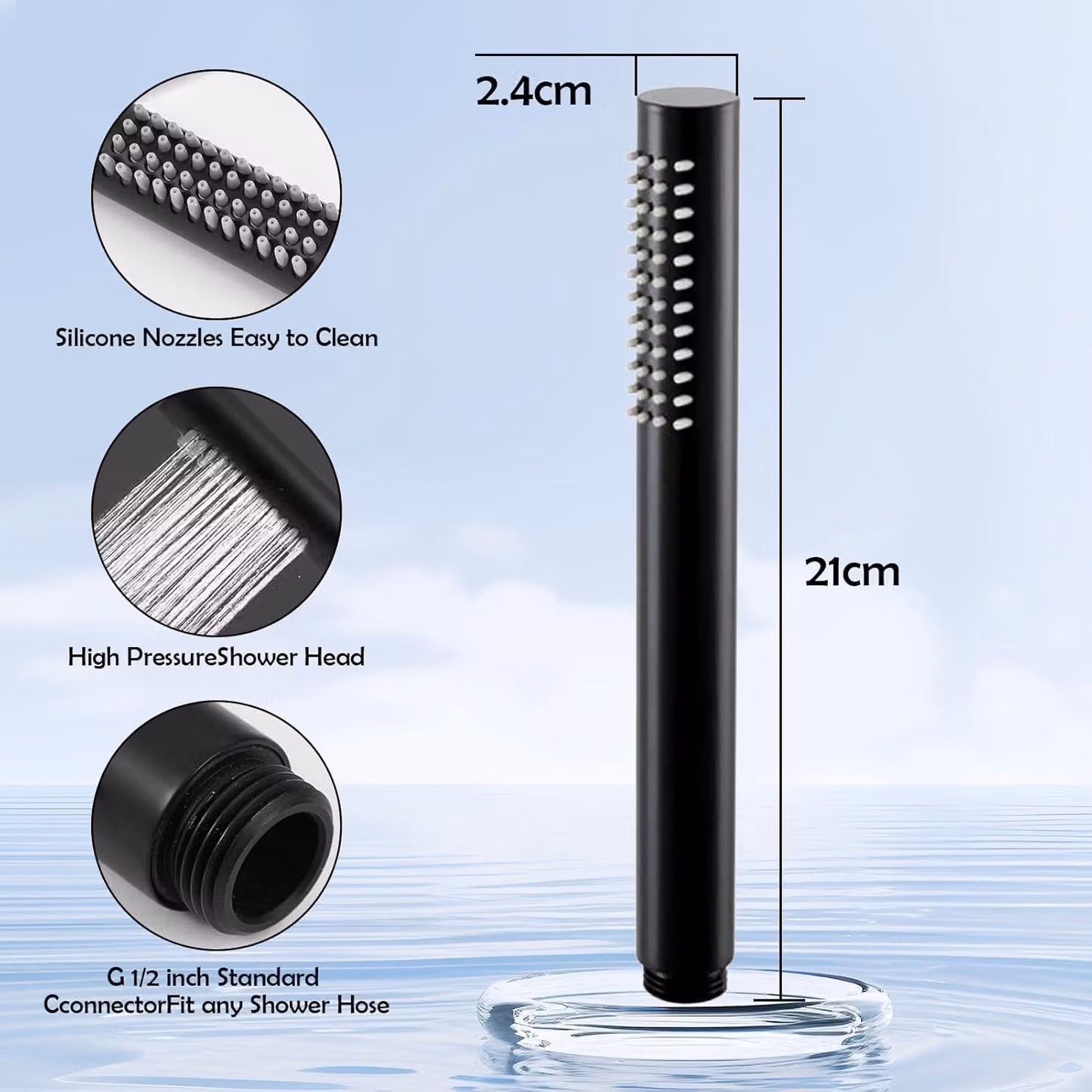 Doccia a mano in acciaio inossidabile 304, colore nero, con 48 ugelli anticalcare, attacco G1/2", ideale per il bagno