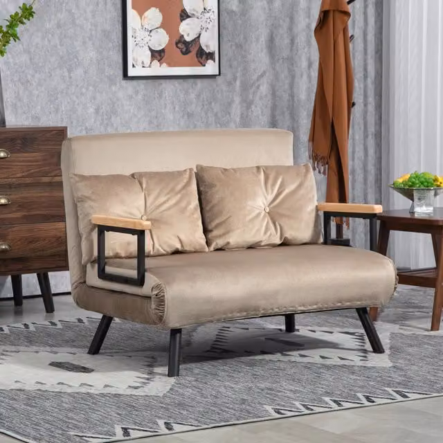 Poltrona letto convertibile MIVRAY in tessuto effetto velluto marrone con schienale regolabile a 5 posizioni e struttura in metallo e legno, L: 81 cm, P: 102 cm, H: 73 cm – 1