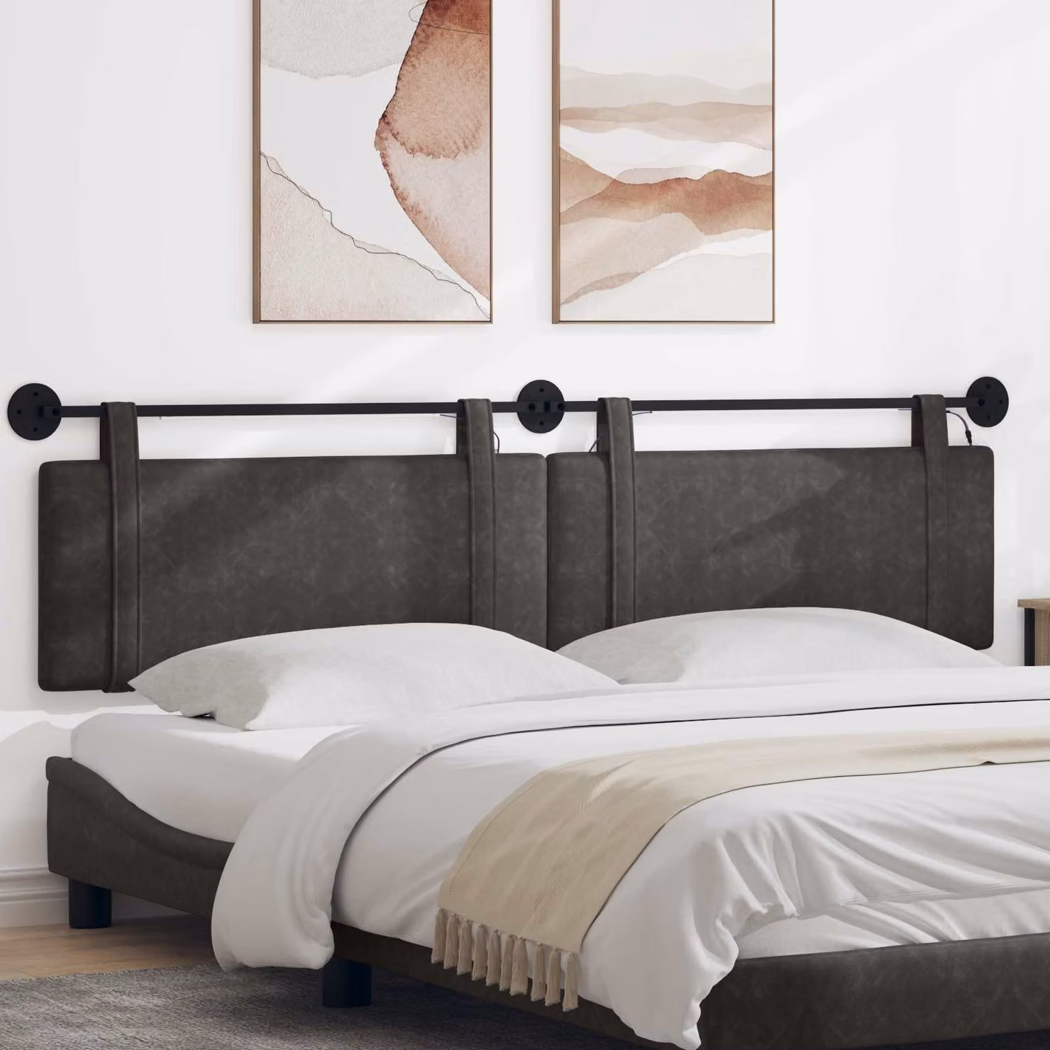 Testiera da letto sospesa vidaXL in similpelle nera con illuminazione integrata e pannello imbottito