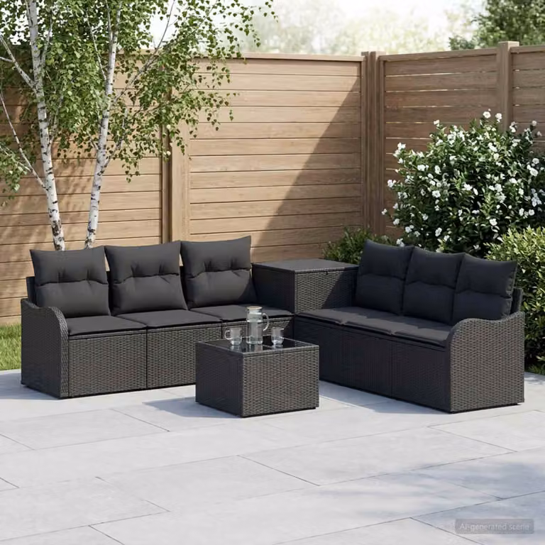 Set di divani da giardino vidaXL 8 pezzi in polyrattan e metallo nero con cuscini e tavolino da caffè coordinato