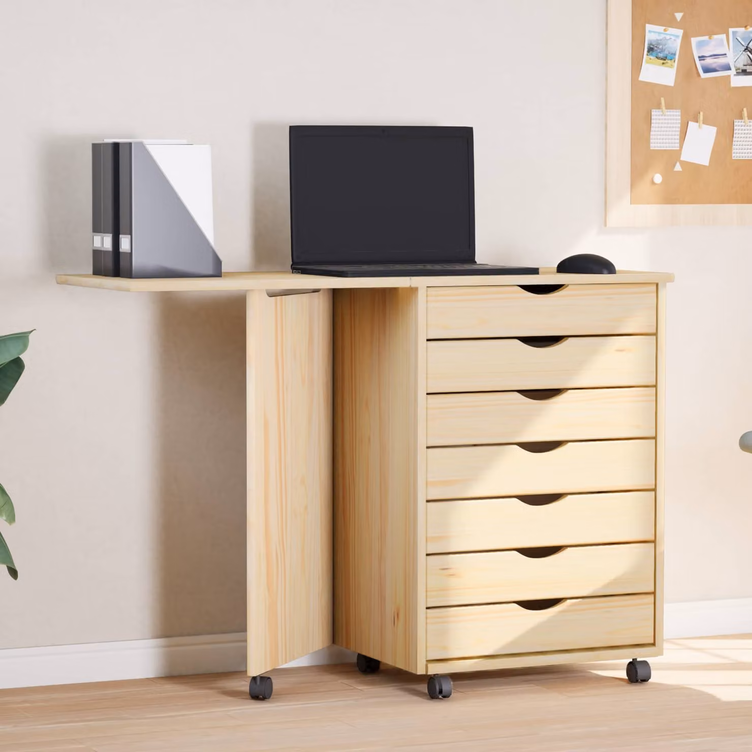 vidaXL Mobiletto con Scrivania MOSS in Legno di Pino con Ruote, Vernice Trasparente/Marrone – 1