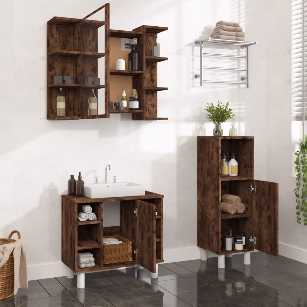 Set di mobili da bagno moderno vidaXL in legno multistrato color rovere fumo, composto da mobile lavabo, mobile laterale e armadietto con specchio