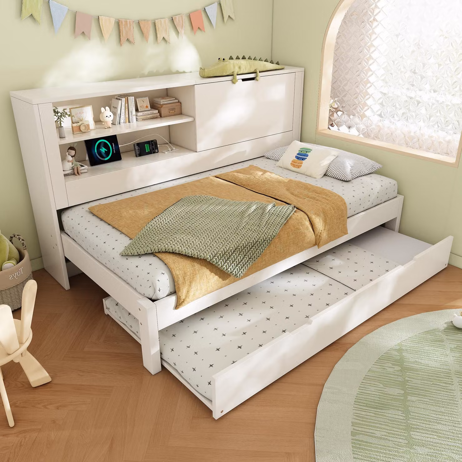 okwish Divano letto Letto per bambini 90×190 con letto estraibile, letto singolo con stazione di ricarica USB e USB‑C, rete con vano portaoggetti nascosto, letto in legno con rete a doghe, bianco (senza materasso)