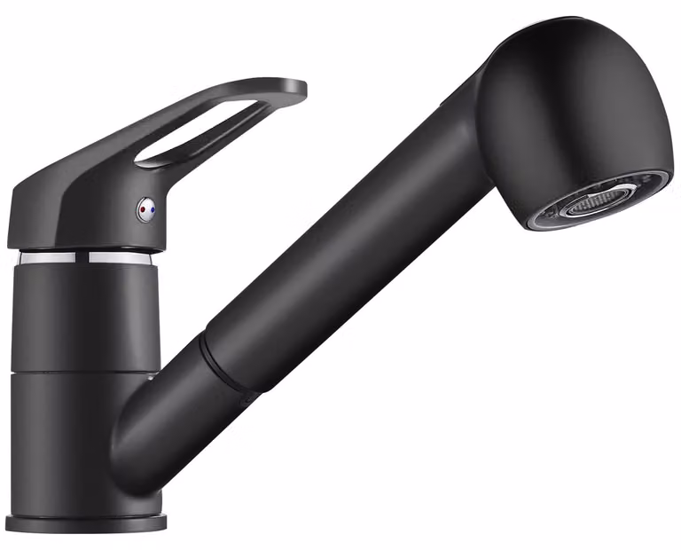 Rubinetto da cucina estraibile con doccetta a due getti, miscelatore per lavello girevole a 360°, colore nero