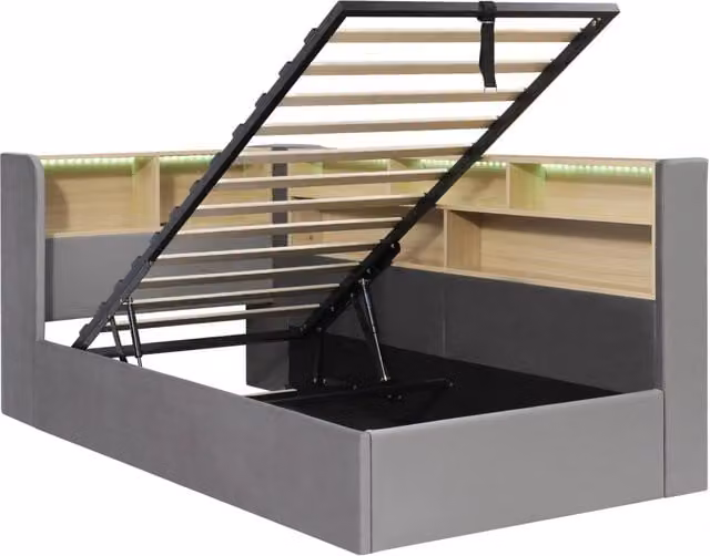 Daybed 90x200 cm con storage idraulico, rivestimento in velluto grigio, con LED, USB e schienale