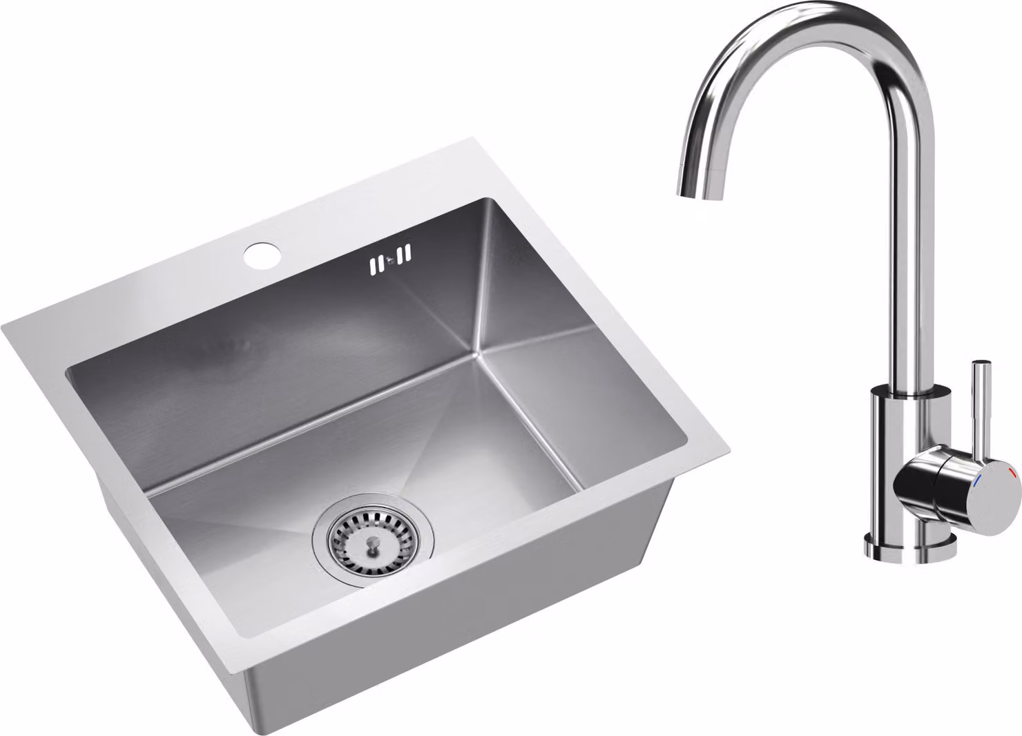 VBChome Lavello in acciaio inox con rubinetteria 50 x 45 cm Acciaio inox spazzolato Lavello da incasso con foro per rubinetto Lavello da cucina in acciaio inox Lavello Grande vasca Set di scarico Sifone Lavello in acciaio inox spazzolato con rubinetteria