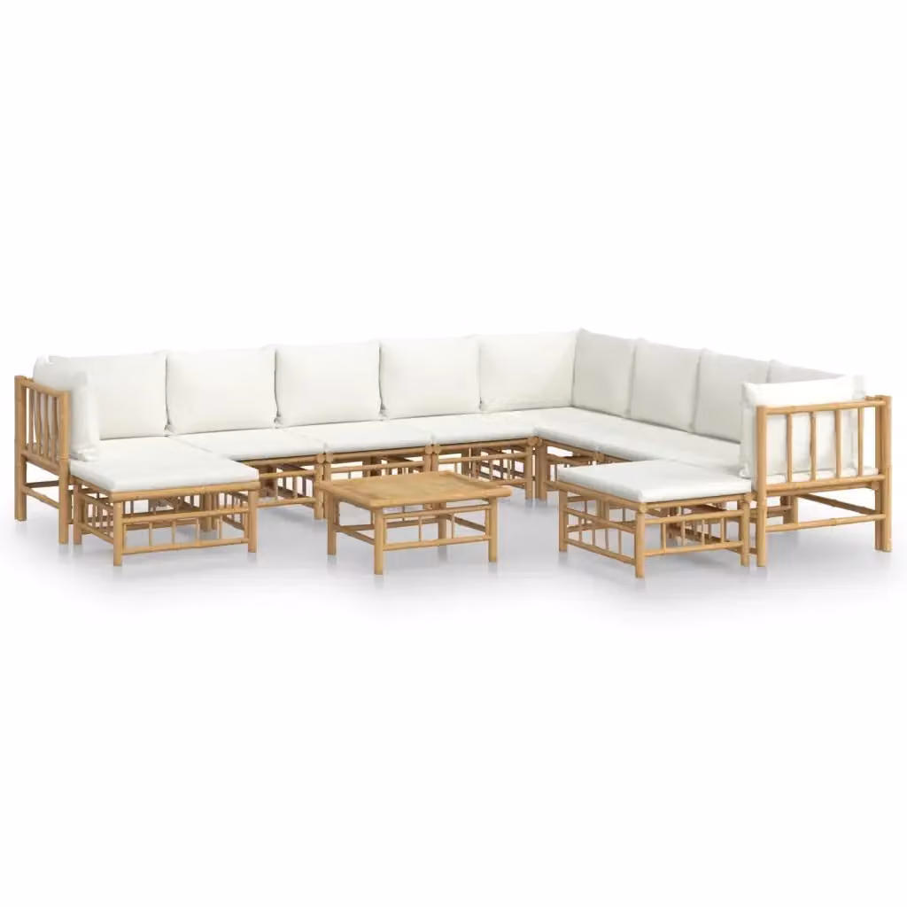 Set Salotto da Giardino vidaXL in Bambù con Cuscini Bianco e Beige 11 Pezzi – 2