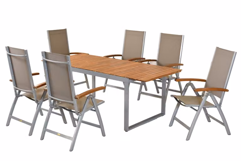 Set di mobili da giardino Merxx Naxos 7 pezzi, 6 sedie pieghevoli, 1 tavolo allungabile 150 (200) x 90 cm - alluminio/tessuto/acacia