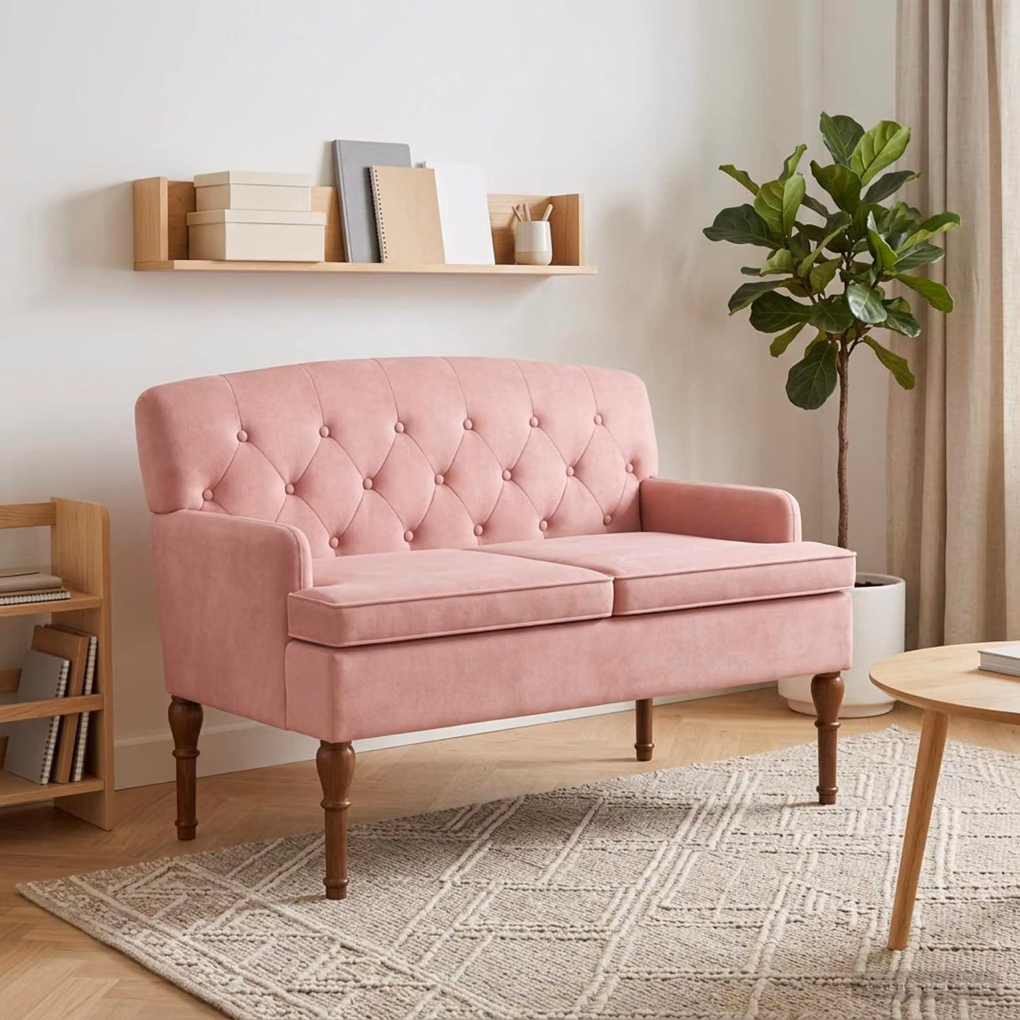 Loveseat vidaXL in velluto rosa con bottoni imbottiti, L: 111 cm, P: 65 cm, H: 79 cm